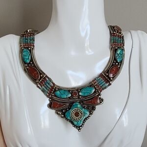 Vintage Boho Tibetan Silver Natural Turquoise Stone Tribal Queen Royal Necklace